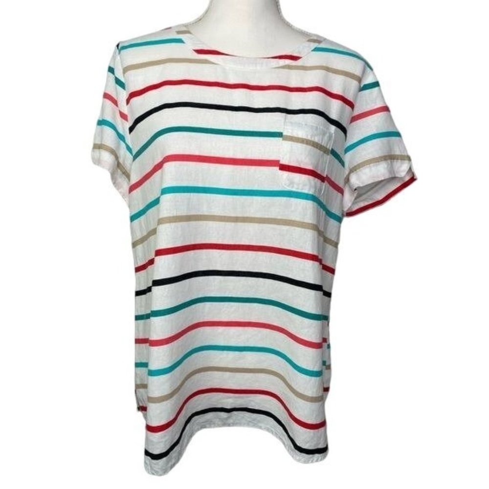 Van Heusen women’s linen blend striped short sleeve blouse crew neck size Large